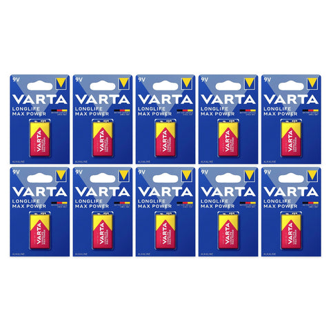 10x Varta Longlife Max Power 9V 6LR61 alkaline batteries, 10 blister cards