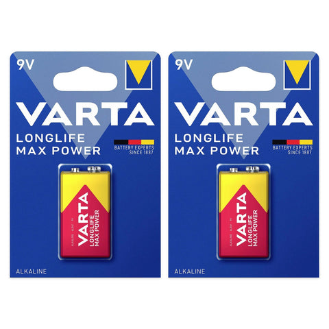2x Varta Longlife Max Power 9V 6LR61 alkaline batteries, 2 blister cards