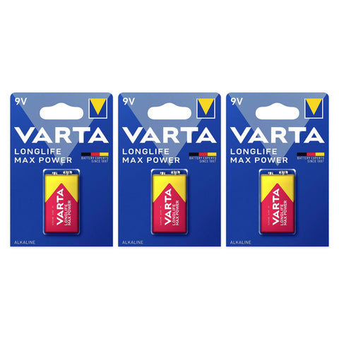 3x Varta Longlife Max Power 9V 6LR61 alkaline batteries, 3 blister cards