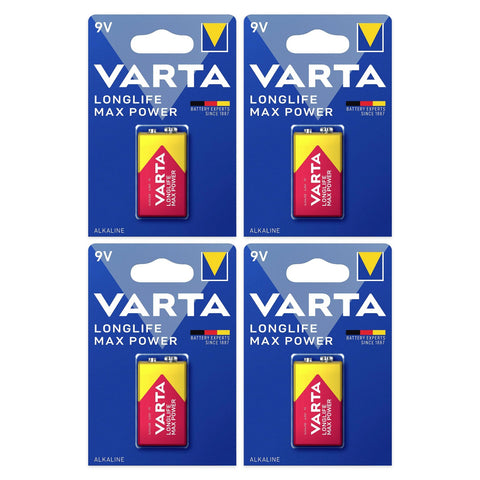 4x Varta Longlife Max Power 9V 6LR61 alkaline batteries, 4 blister cards