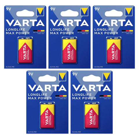 5x Varta Longlife Max Power 9V 6LR61 alkaline batteries, 5 blister cards