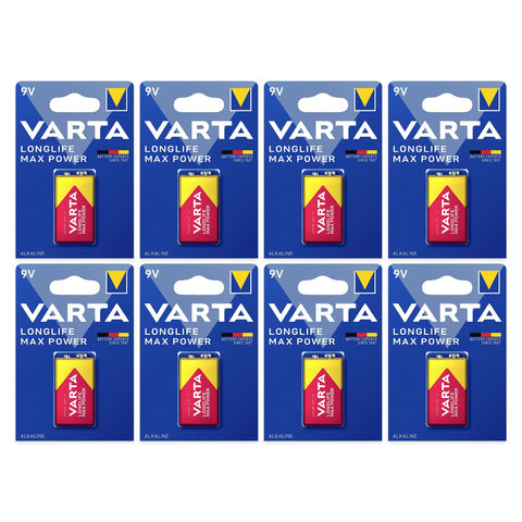 8x Varta Longlife Max Power 9V 6LR61 alkaline batteries, 8 blister cards
