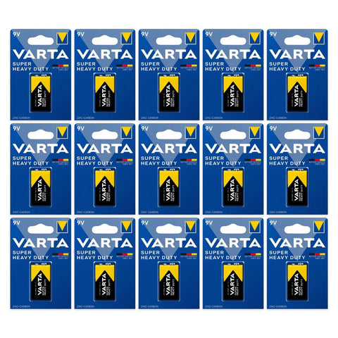 15x Varta Super Heavy Duty 9V 6F22 zinc-carbon batteries, 15 blister cards
