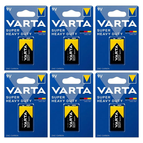 6x Varta Super Heavy Duty 9V 6F22 zinc-carbon batteries, 6 blister cards