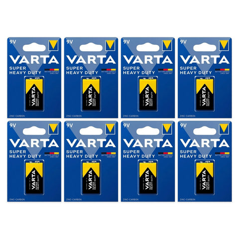8x Varta Super Heavy Duty 9V 6F22 zinc-carbon batteries, 8 blister cards