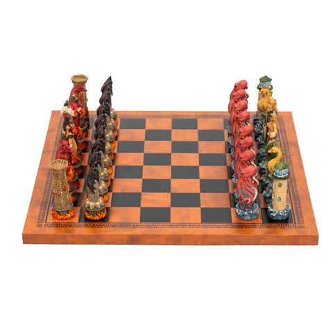 Italfama Water vs Fire Hand-Painted Resin Chess Set Leather Board Made in Italy