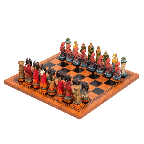 Italfama Water vs Fire Hand-Painted Resin Chess Set Leather Board Made in Italy