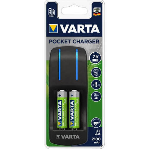 Varta Pocket Charger for AA/AAA + 4x 2100mAh AA NiMH Rechargeable Batteries