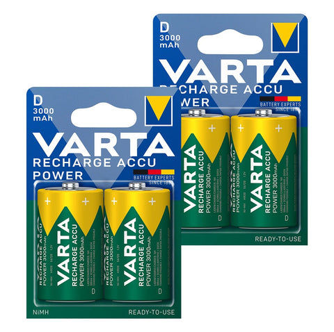 4x Varta Recharge Accu Power D NiMH Batteries 1.2V 3000mAh HR20