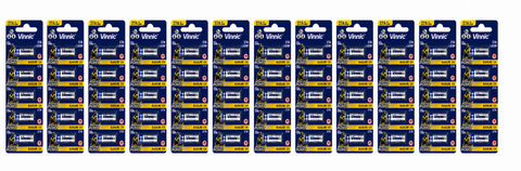 Twelve packs of 10 CR2032 batteries arranged in two rows on a plain white background. Each pack has a blue and yellow card backing with the brand name visible as 'Winnic'.
