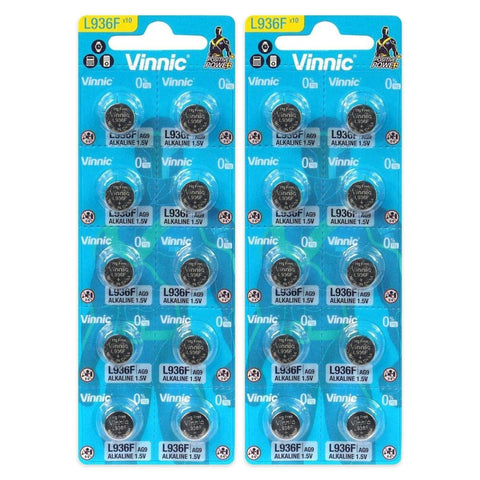 20x Vinnic L936 AG9 LR936 1.5V alkaline button cell batteries, 2 blister strips