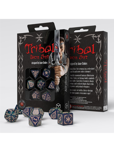 Q-Workshop Tribal Dice Set Blue-Green & Beige 7-Die Polyhedral RPG Anne Stokes