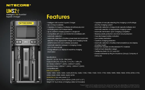 Nitecore Ums2 Intelligent USb Superb Charger Rechargeable Battery Li-Ion/Nimh