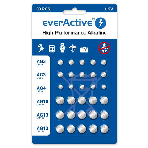 Everactive Alkaline Batteries Mix AG3 x 10 AG4 x 5 AG10 x 5 AG13 x 10