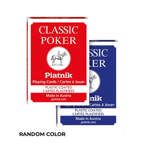 Red and blue Piatnik Classic Poker playing card boxes on a white background