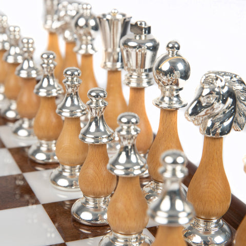 Italian Handmade Gold & Silver Brass Chess Set, Wood Board, Marble Top, Drawer