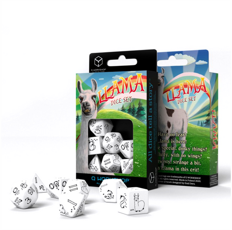 Q-Workshop Llama Polyhedral Dice Set White with Black Engraving RPG