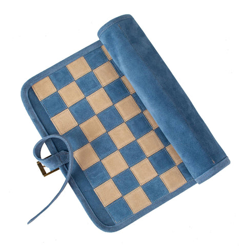 Manopoulos Denim Blue Suede Roll-Up Travel Chess Set w/ Metal Chessmen Greece
